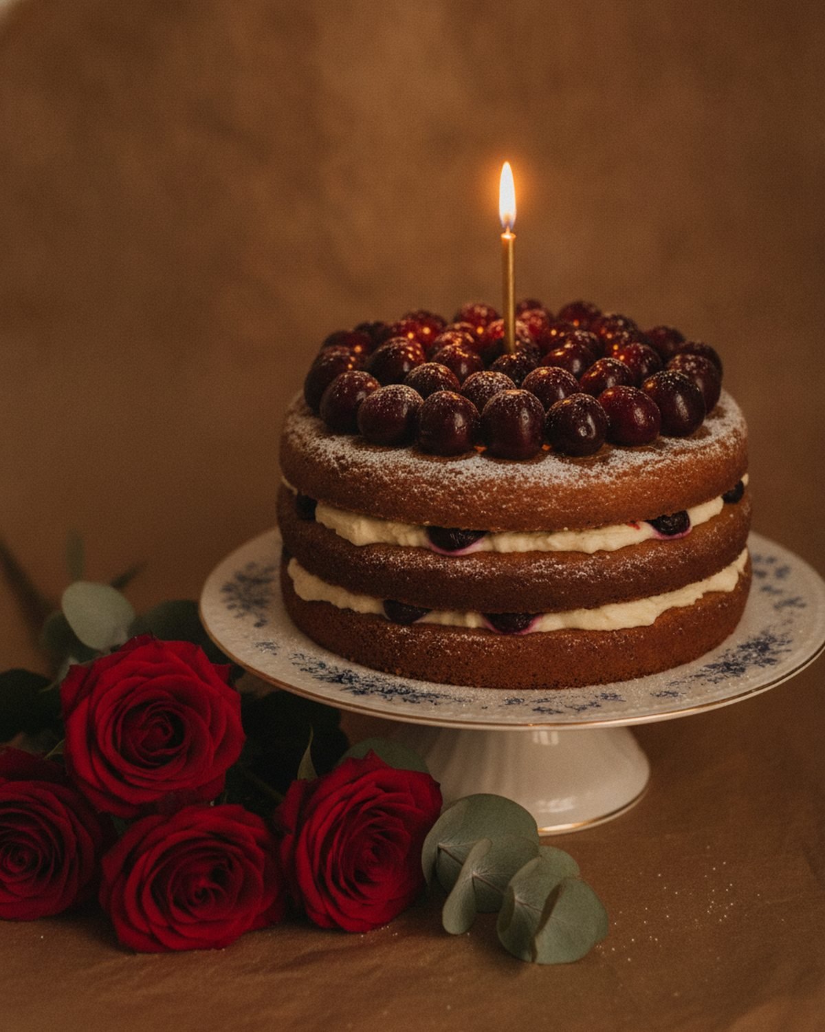 Tortas su vyšniomis ant senovinės lėkštės