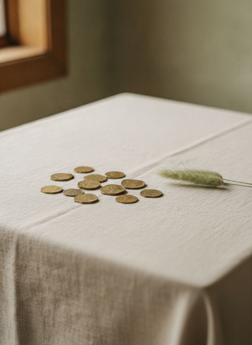 Auksinės monetos ant lininės staltiesės