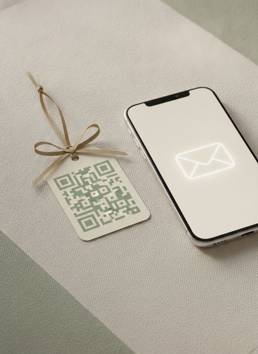Popierinė kortelė su QR kodu šalia telefono