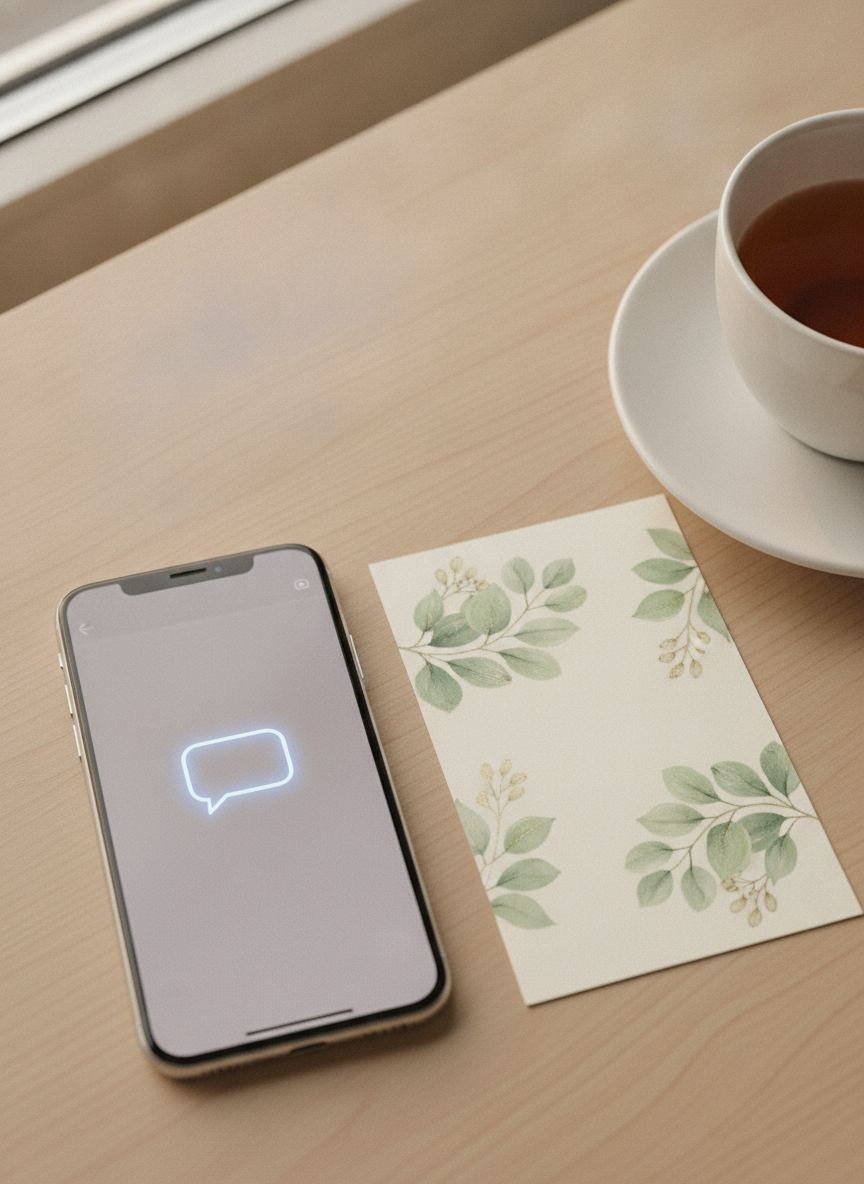 Telefonas su švelniu priminimo pranešimu šalia arbatos puodelio