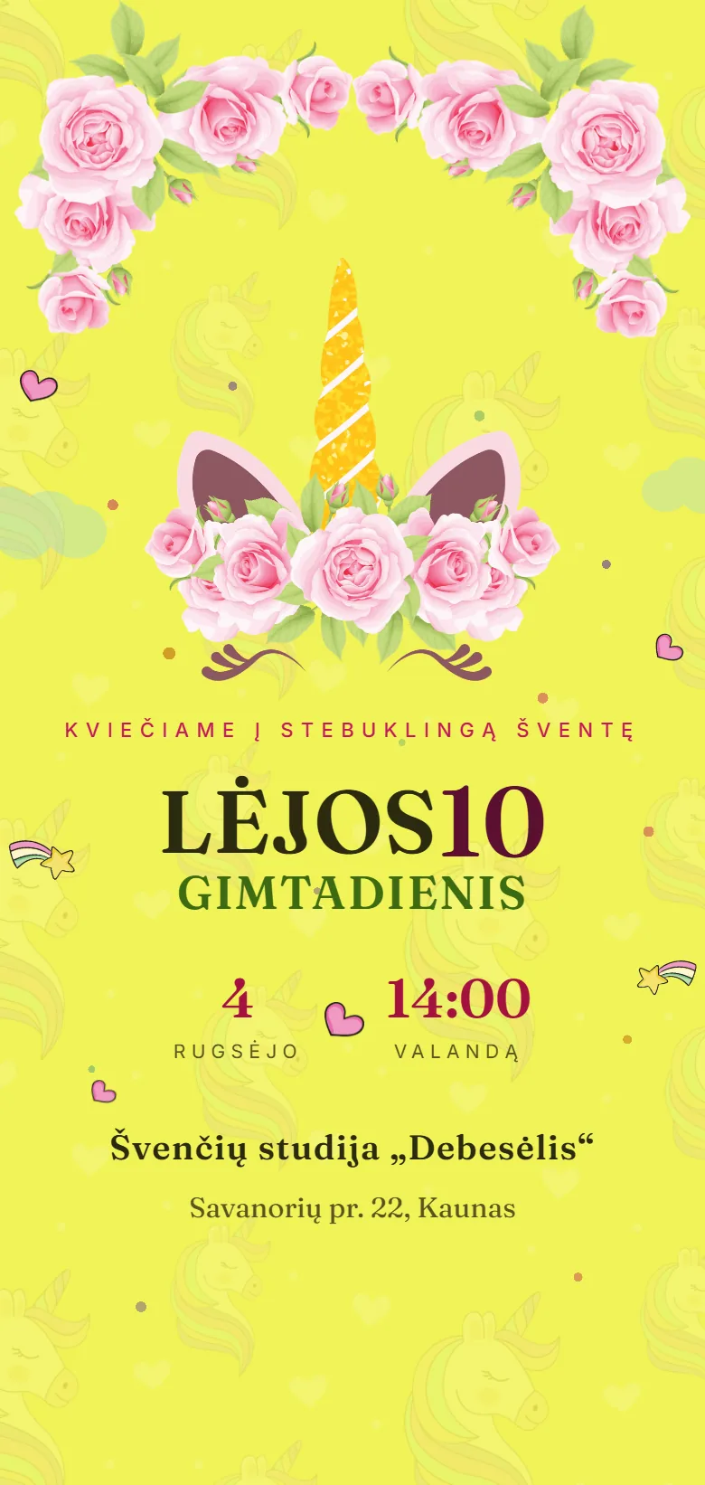 Elektroninis kvietimas telefone: Gimtadienis · Vienaragis